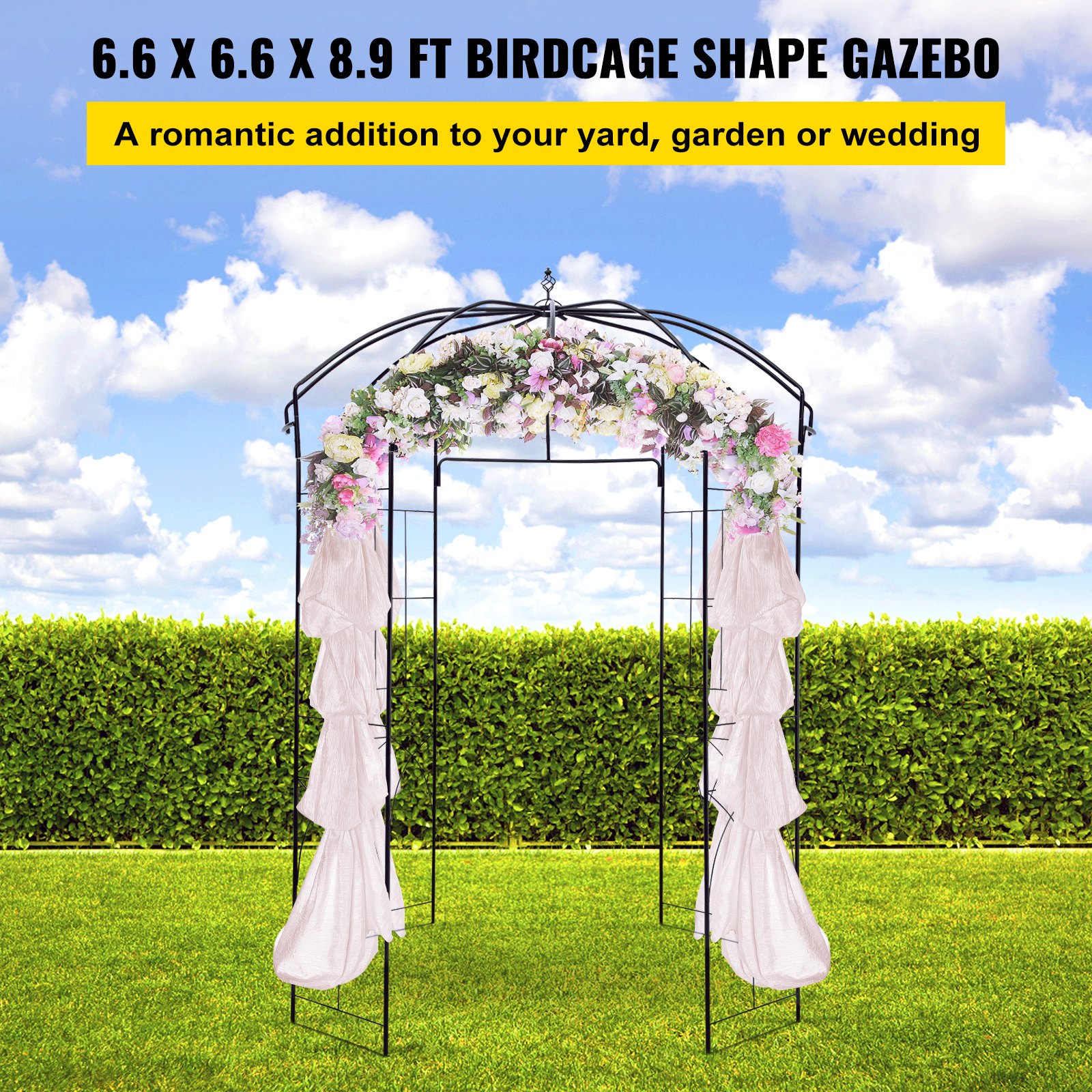 VEVOR Birdcage Shape Garden Arbor, 9\' High x 6.6\' Wide, Heavy Duty Wrought Iron Arbor, Wedding Arch Trellis for Climbing Vines in Outdoor Garden, Lawn, Backyard, Patio, Black