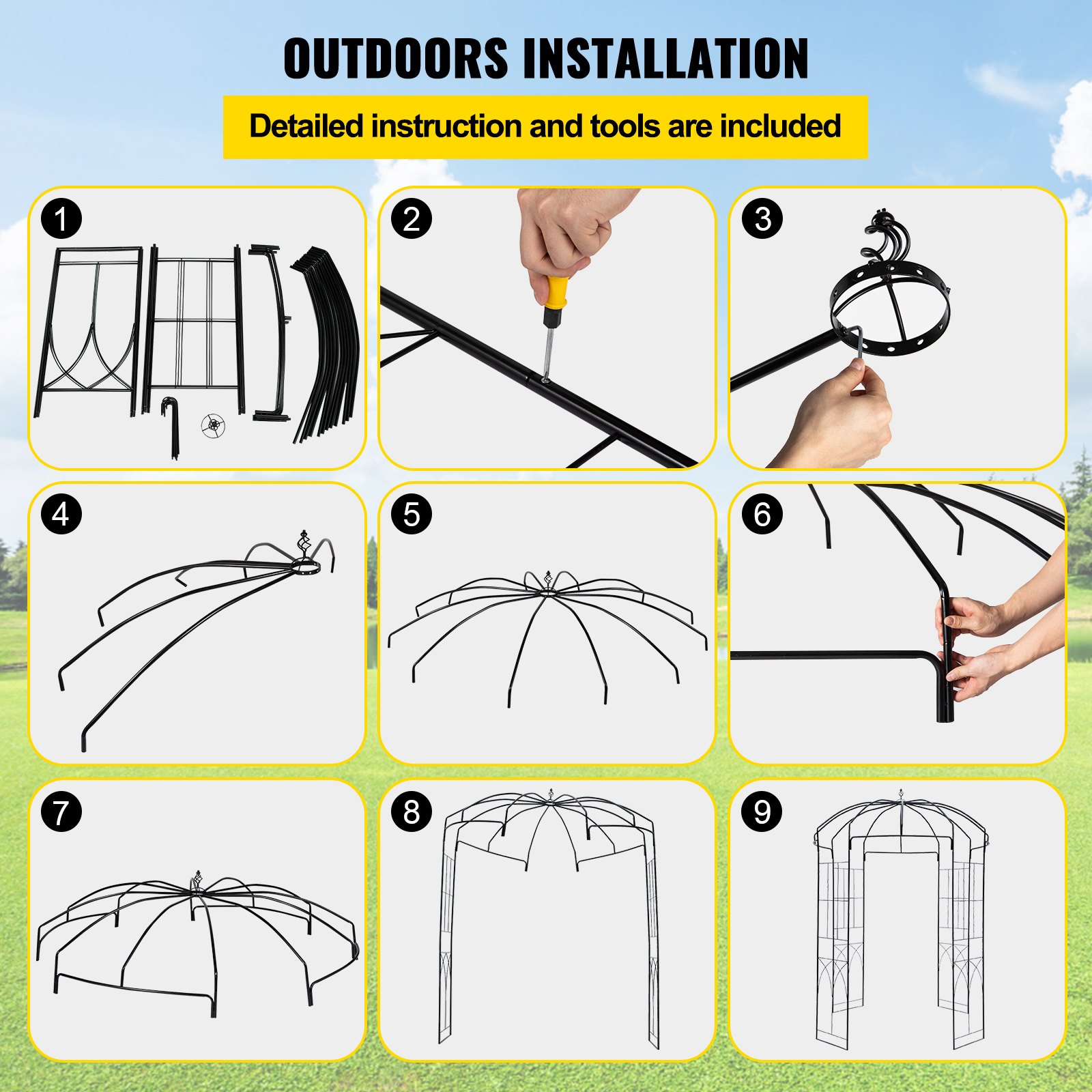 VEVOR Birdcage Shape Garden Arbor, 9\' High x 6.6\' Wide, Heavy Duty Wrought Iron Arbor, Wedding Arch Trellis for Climbing Vines in Outdoor Garden, Lawn, Backyard, Patio, Black
