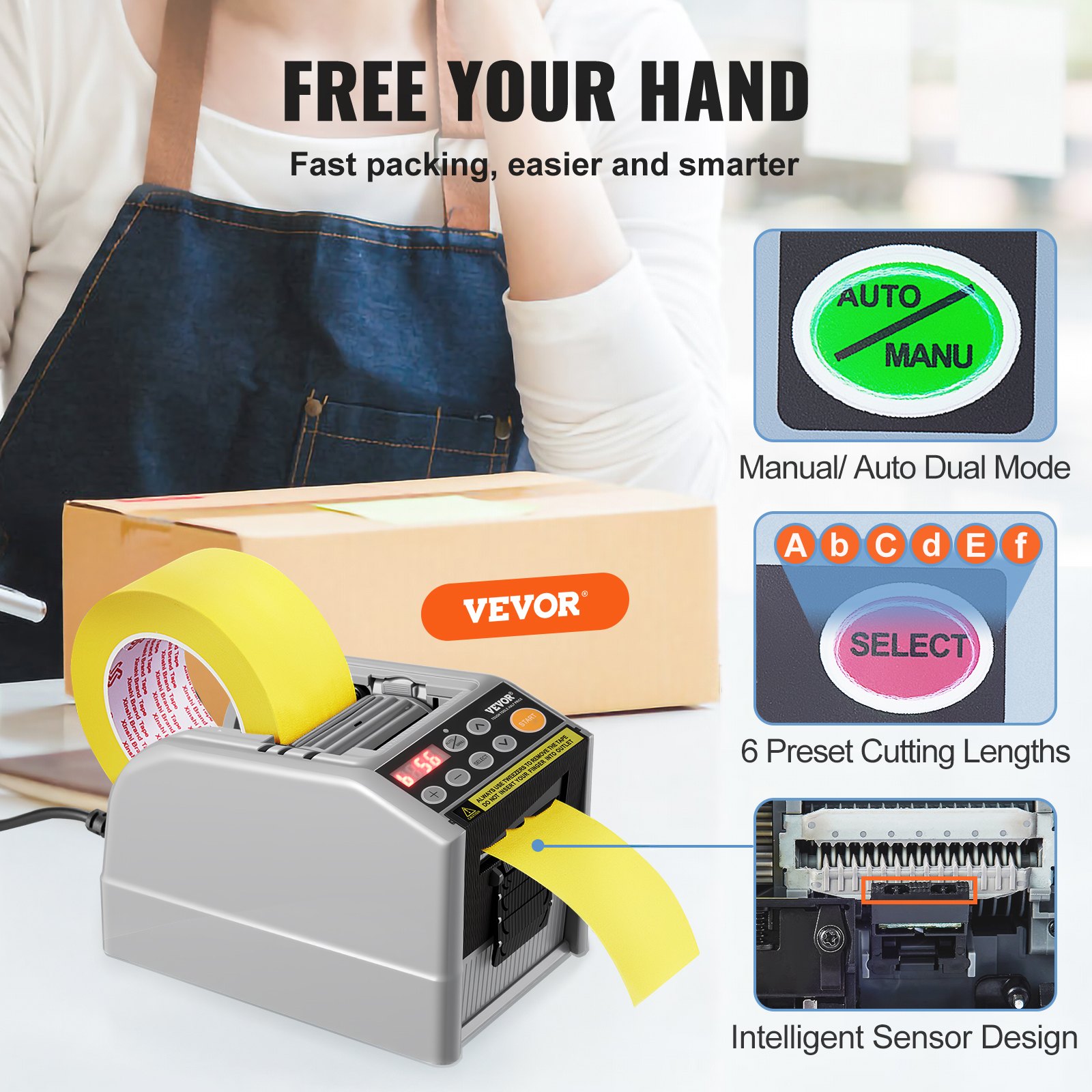 VEVOR Zcut-9 Automatic Tape Dispenser Adhesive Electric Tape Cutter Packaging Machine Tape Cutting Machine 6-60mm Tape Width