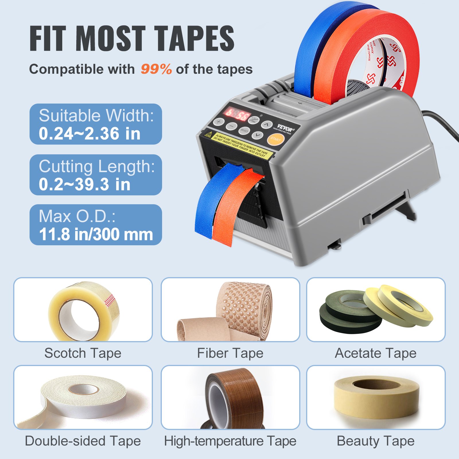 VEVOR Automatic Tape Dispenser, Self-Adhesive Electric Tape Cutter, 25 W Packaging Machine, Tape Cutter, 6-60 mm Tape Width, Electric Tape Cutter Packaging Machine