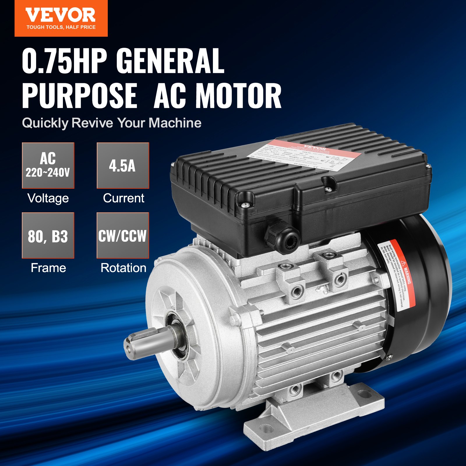 VEVOR 0.55KW Electric Motor 1400 rpm, AC 220~240V 4.5A, 80, B3 Frame, Air Compressor Motor Single Phase, 19mm Keyed Shaft, CW/CCW Rotation for Agricultural Machinery and General Equipment