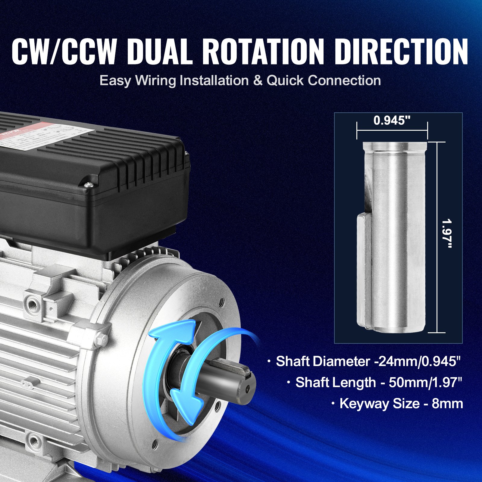 VEVOR 1.5KW Electric Motor 1400 rpm, AC 220~240V 9.85A, 90L, B34 Frame, Air Compressor Motor Single Phase, 24mm Keyed Shaft, CW/CCW Rotation for Agricultural Machinery and General Equipment