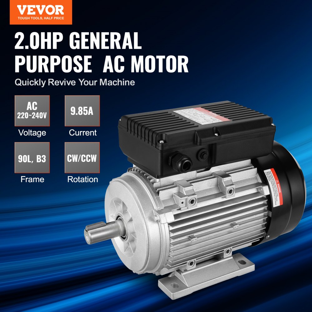 VEVOR 1.5KW Electric Motor 1400 rpm, AC 220~240V 9.85A, 90L, B3 Frame, Air Compressor Motor Single Phase, 24mm Keyed Shaft, CW/CCW Rotation for Agricultural Machinery and General Equipment