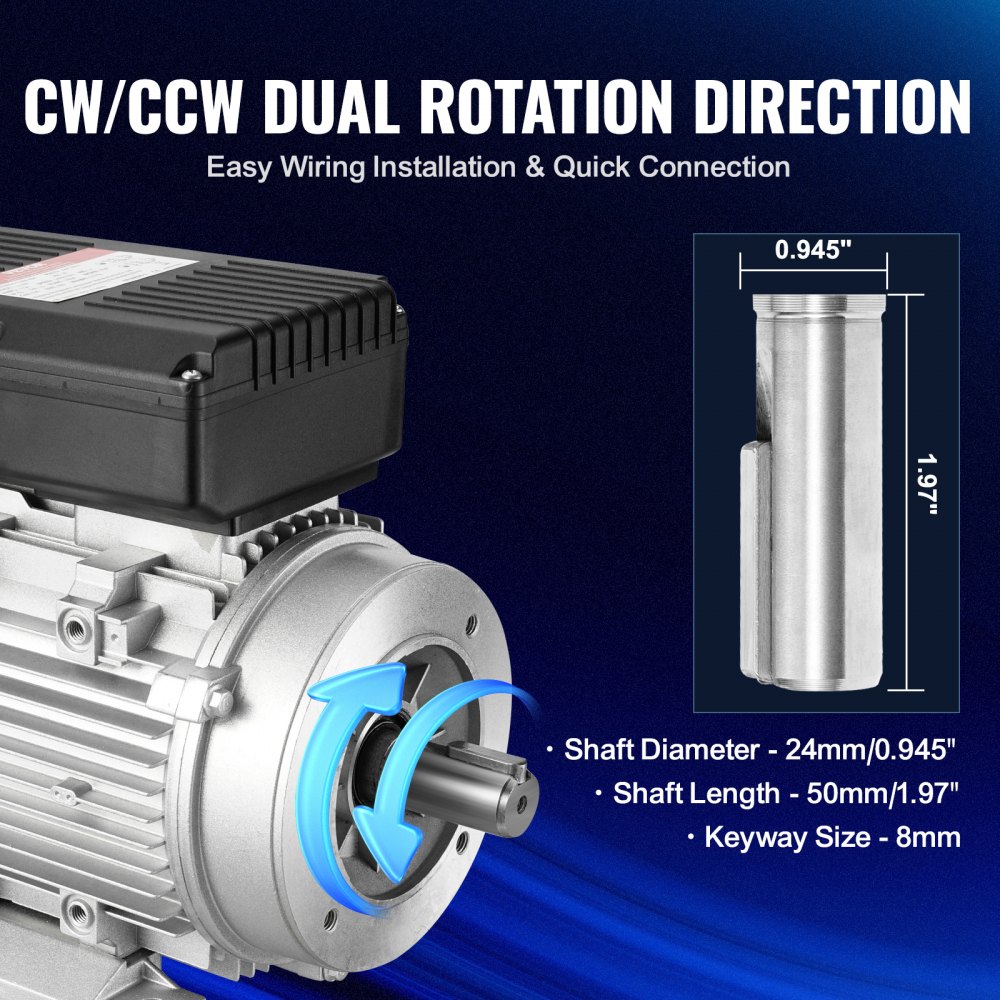 VEVOR 1.1KW Electric Motor 1400 rpm, AC 220~240V 7.5A, 90S, B34 Frame, Air Compressor Motor Single Phase, 24mm Keyed Shaft, CW/CCW Rotation for Agricultural Machinery and General Equipment