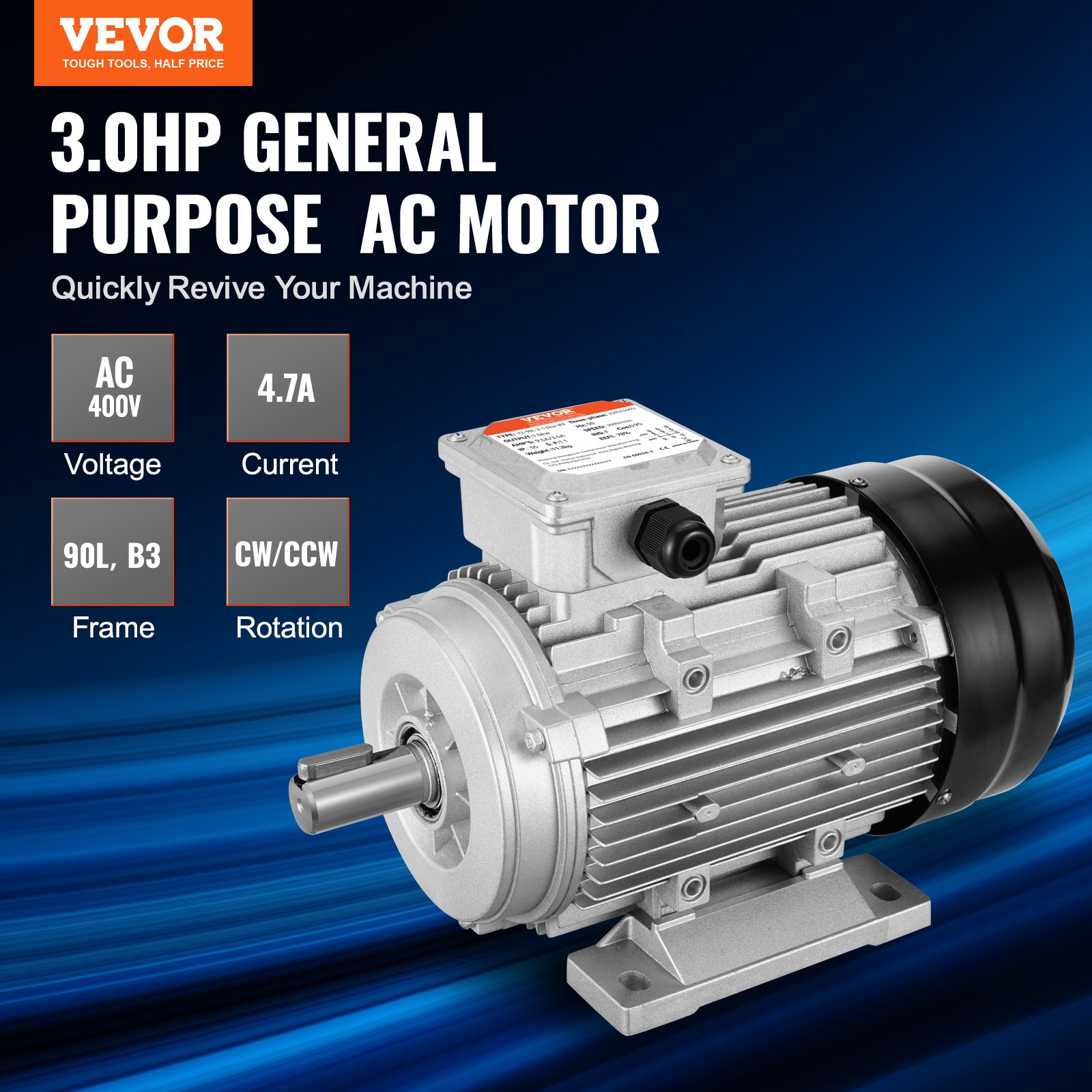 VEVOR 2.2KW Electric Motor 2890 rpm, AC 400V 4.7A, 90L, B3 Frame, Air Compressor Motor 3-Phase, 24mm Keyed Shaft, CW/CCW Rotation for Agricultural Machinery and General Equipment