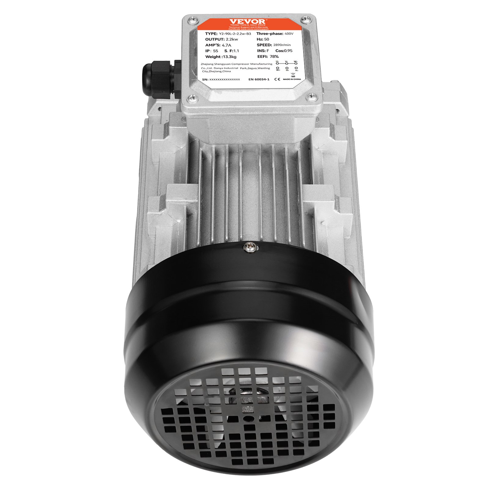 VEVOR 2.2KW Electric Motor 2890 rpm, AC 400V 4.7A, 90L, B3 Frame, Air Compressor Motor 3-Phase, 24mm Keyed Shaft, CW/CCW Rotation for Agricultural Machinery and General Equipment