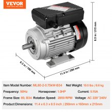 VEVOR 0.75KW Electric Motor 2850 rpm, AC 220~240V 5.15A, 80, B34 Frame, Air Compressor Motor Single Phase, 19mm Keyed Shaft, CW/CCW Rotation for Agricultural Machinery and General Equipment