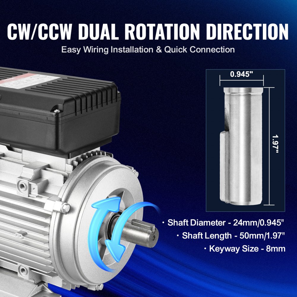 VEVOR 1.1KW Electric Motor 2800 rpm, AC 220~240V 7.1A, 90S, B3 Frame, Air Compressor Motor Single Phase, 24mm Keyed Shaft, CW/CCW Rotation for Agricultural Machinery and General Equipment