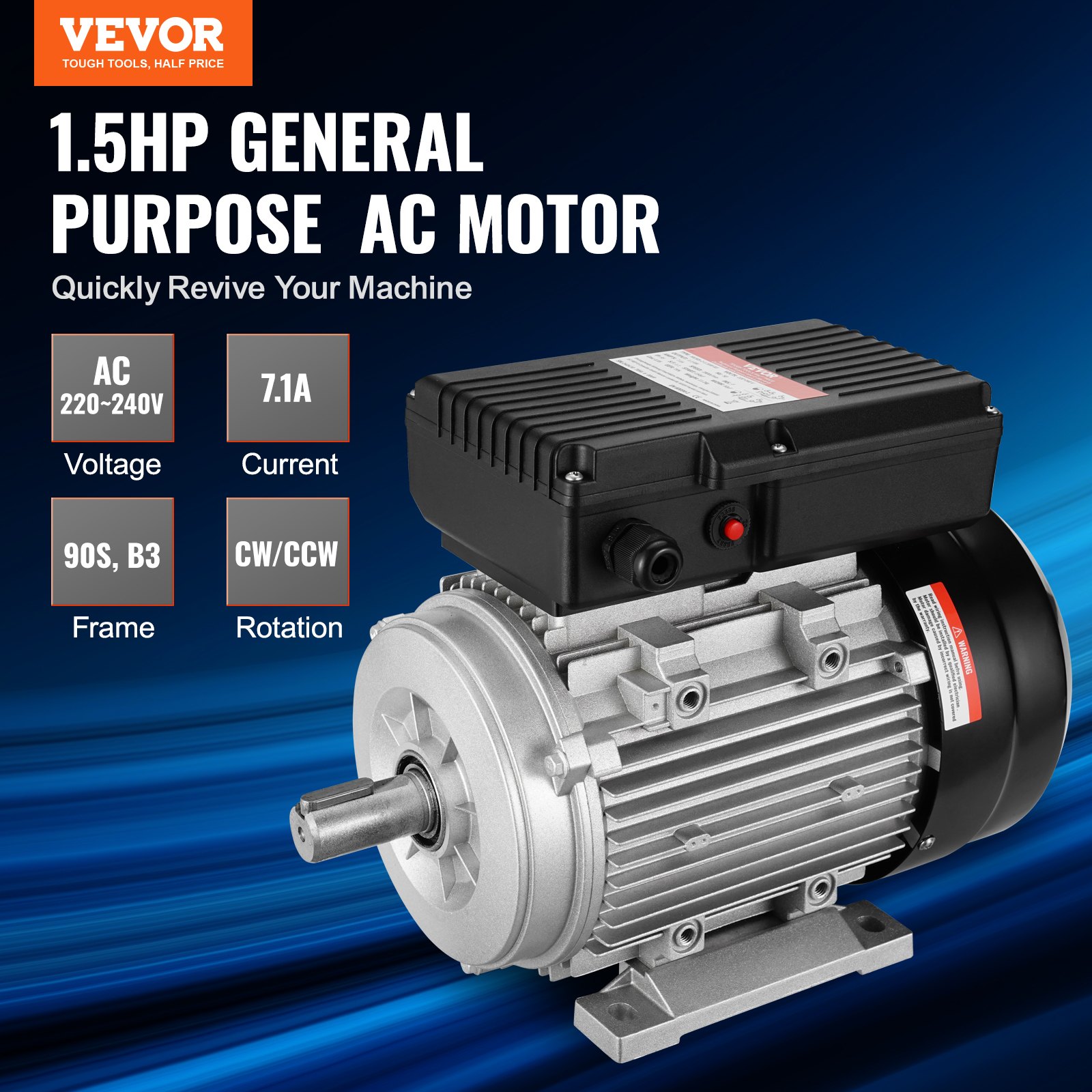VEVOR 1.1KW Electric Motor 2800 rpm, AC 220~240V 7.1A, 90S, B3 Frame, Air Compressor Motor Single Phase, 24mm Keyed Shaft, CW/CCW Rotation for Agricultural Machinery and General Equipment