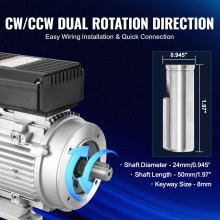 VEVOR 1.1KW Electric Motor 2800 rpm, AC 220~240V 7.1A, 90S, B34 Frame, Air Compressor Motor Single Phase, 24mm Keyed Shaft, CW/CCW Rotation for Agricultural Machinery and General Equipment