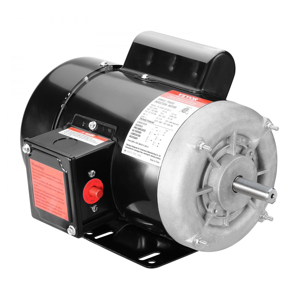 VEVOR electric motor with black casing, red warning label, and detailed specifications plate.