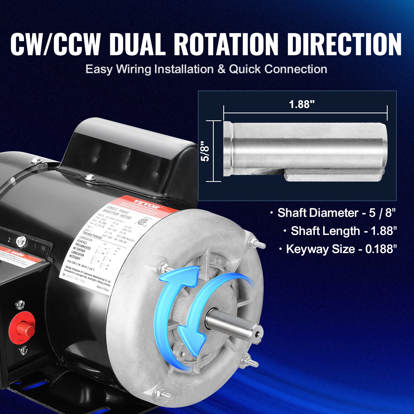VEVOR 0.75HP Electric Motor 1725 rpm, AC 115V/230V, 56 Frame, Air Compressor Motor Single Phase, 5/8" Keyed Shaft, CW/CCW Rotation for Agricultural Machinery and General Equipment
