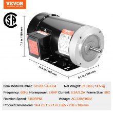 VEVOR 2HP Electric Motor 3450 rpm, AC 230V/460V, 56C Frame, Air Compressor Motor 3-Phase, 5/8" Keyed Shaft, CW/CCW Rotation for Agricultural Machinery and General Equipment