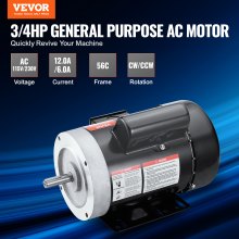 VEVOR 0.75HP Electric Motor 1725 rpm, AC 115V/230V, 56C Frame, Air Compressor Motor Single Phase, 5/8" Keyed Shaft, CW/CCW Rotation for Agricultural Machinery and General Equipment
