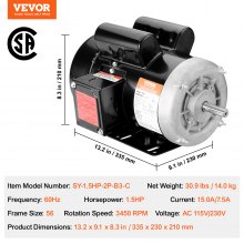 VEVOR 1.5HP Electric Motor 3450 rpm, AC 115V/230V, 56 Frame, Air Compressor Motor Single Phase, 5/8" Keyed Shaft, CW/CCW Rotation for Agricultural Machinery and General Equipment