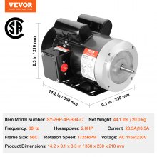 VEVOR 2HP Electric Motor 1725 rpm, AC 115V/230V, 56C Frame, Air Compressor Motor Single Phase, 5/8" Keyed Shaft, CW/CCW Rotation for Agricultural Machinery and General Equipment