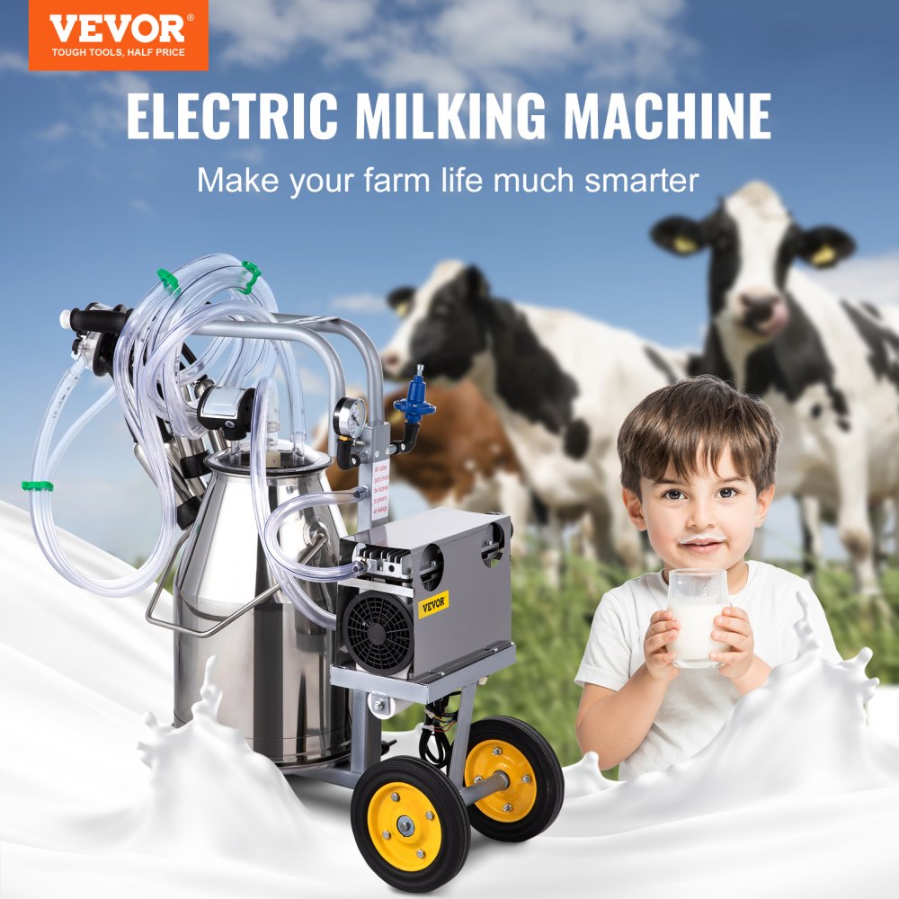 VEVOR Electric Milking Machine 25L,Milker Machine 5-8 Cows per Hour, 0.55KW 1680 RPM Milking Equipment with 25L 304 Stainless Steel Bucket Single Cow Milking Machine Bucket Milker for Cows and Goat