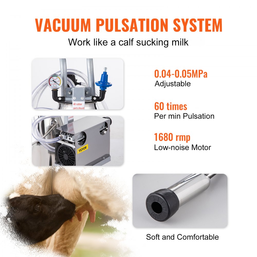 VEVOR Electric Milking Machine 25L,Milker Machine 5-8 Cows per Hour, 0.55KW 1680 RPM Milking Equipment with 25L 304 Stainless Steel Bucket Single Cow Milking Machine Bucket Milker for Cows and Goat