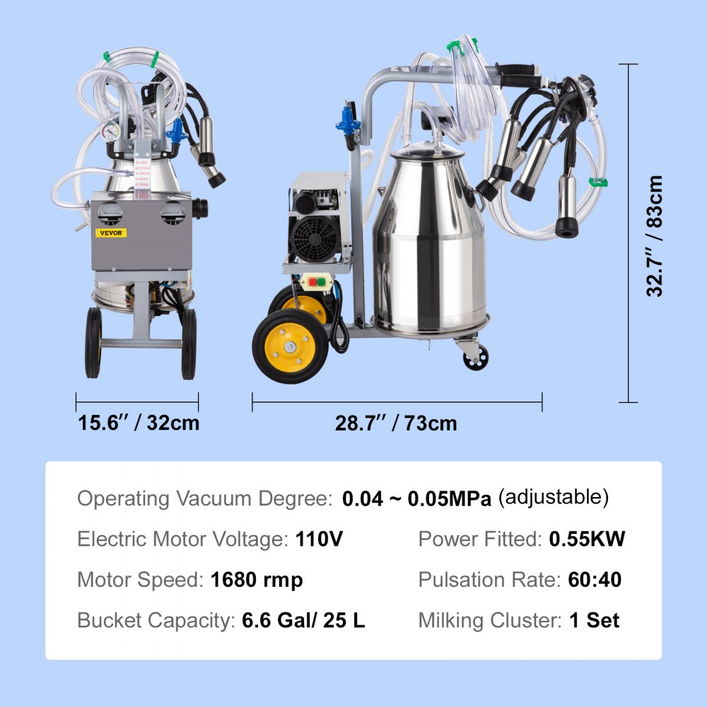 VEVOR Electric Milking Machine 25L,Milker Machine 5-8 Cows per Hour, 0.55KW 1680 RPM Milking Equipment with 25L 304 Stainless Steel Bucket Single Cow Milking Machine Bucket Milker for Cows and Goat