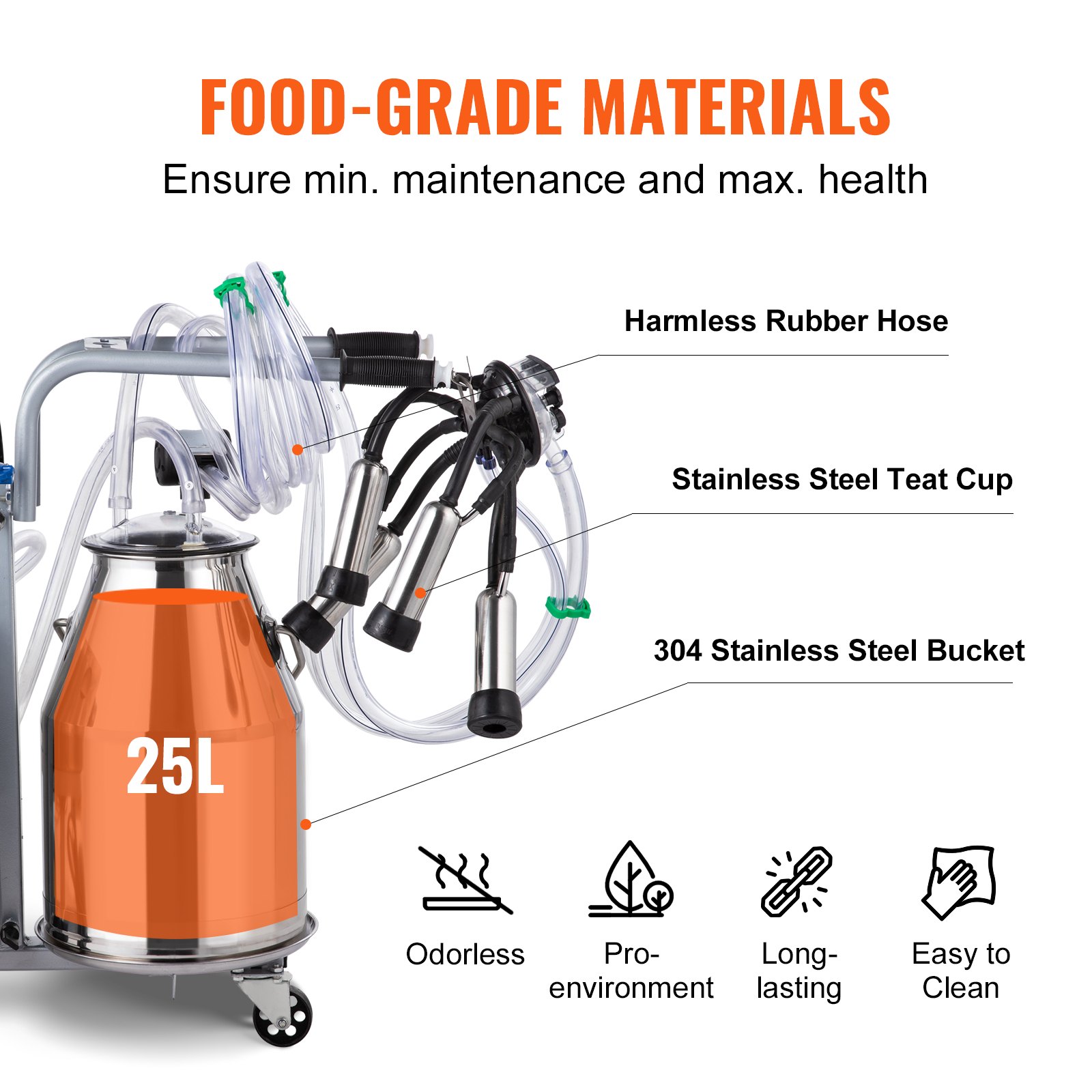 VEVOR Electric Milking Machine 25L, Milker Machine 5-8 Cows per Hour, 0.55 KW 1680 RPM Milking Equipment with 25L 304 Stainless Steel Bucket Single Cow Milking Machine Bucket Milker for Cows and Goat