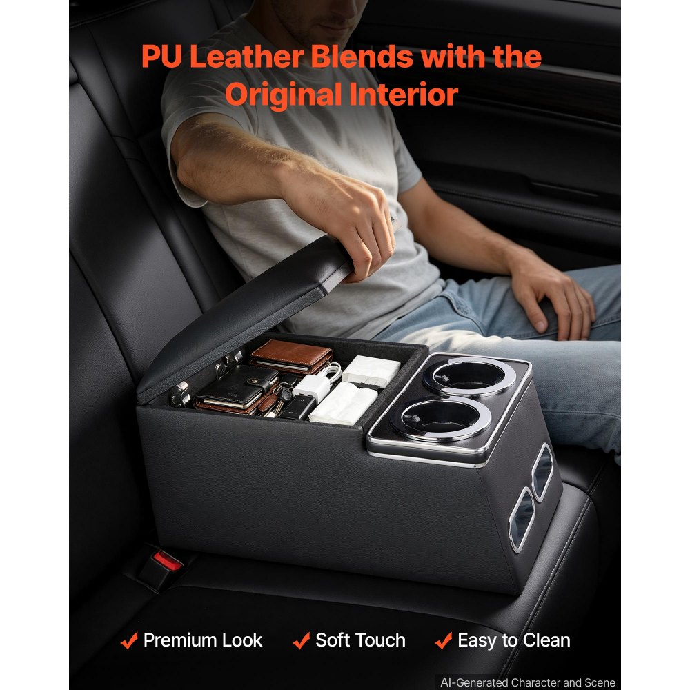 VEVOR Universal Rear Bench Seat Center Console Armrest Storage Box, Back Seat Tools Organizer with Cup & Phone Holders, Automotive Central Console for MPV, Sedan, SUV