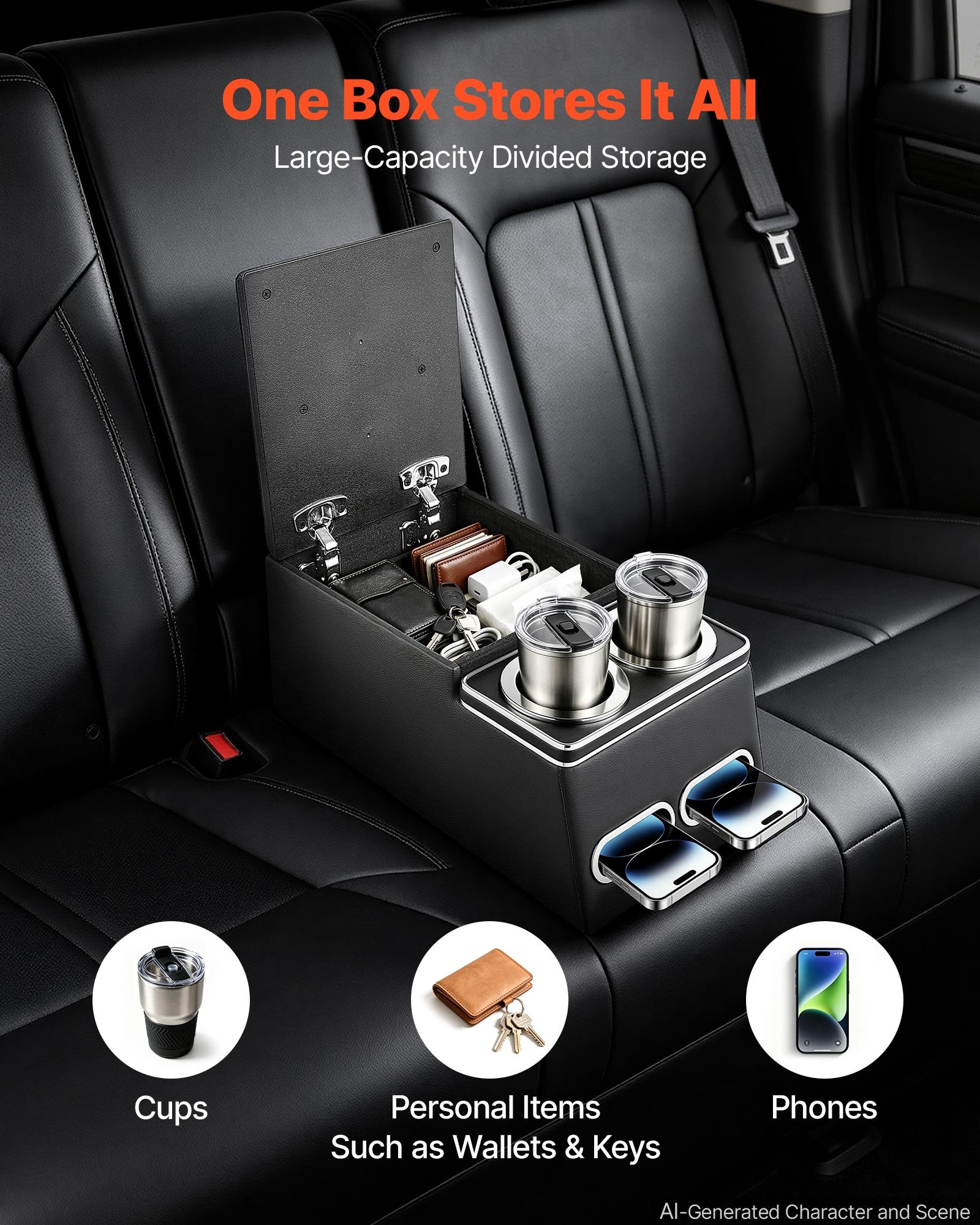 VEVOR Universal Rear Bench Seat Center Console Armrest Storage Box, Back Seat Tools Organizer with Cup & Phone Holders, Automotive Central Console for MPV, Sedan, SUV