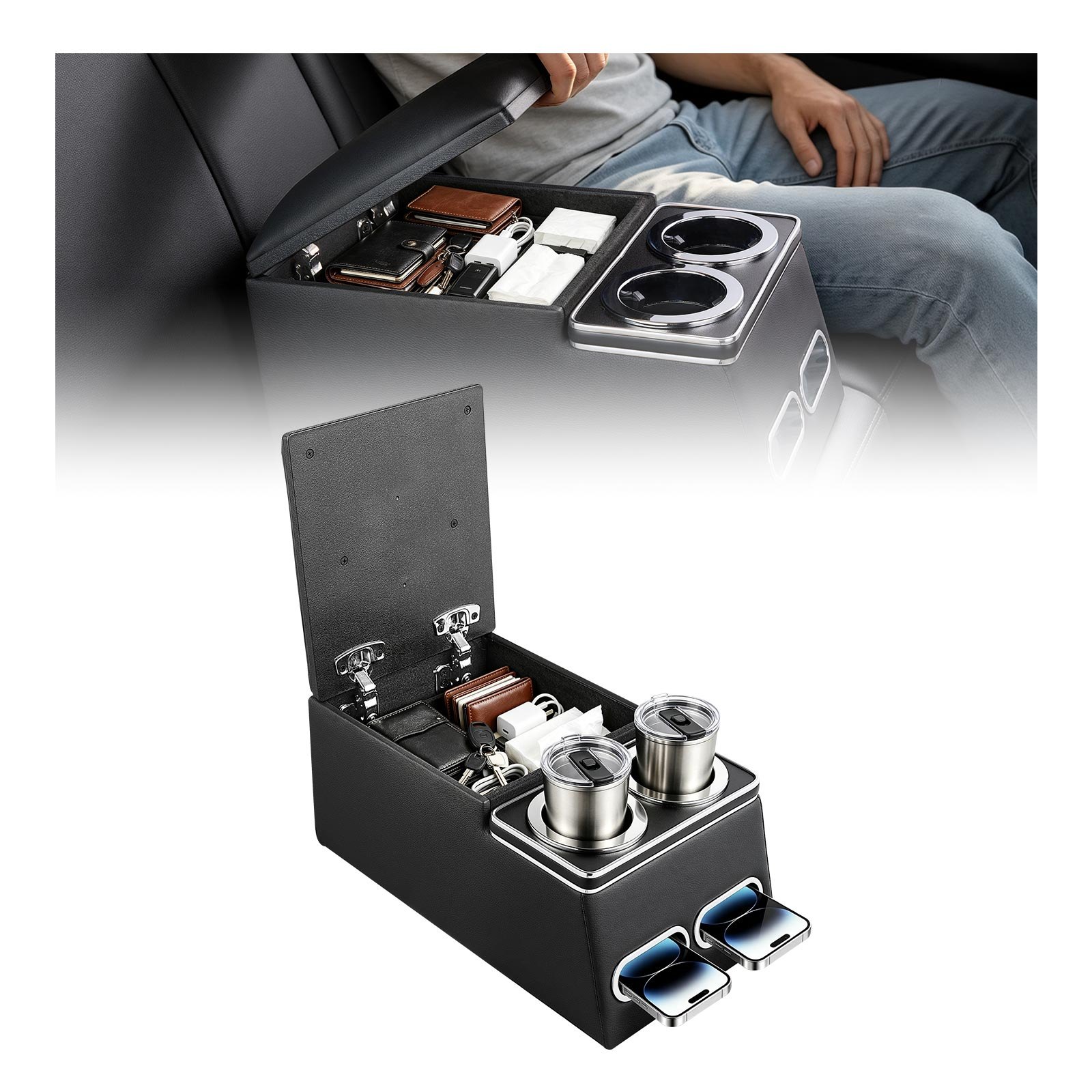 VEVOR Universal Rear Bench Seat Center Console Armrest Storage Box, Back Seat Tools Organizer with Cup & Phone Holders, Automotive Central Console for MPV, Sedan, SUV