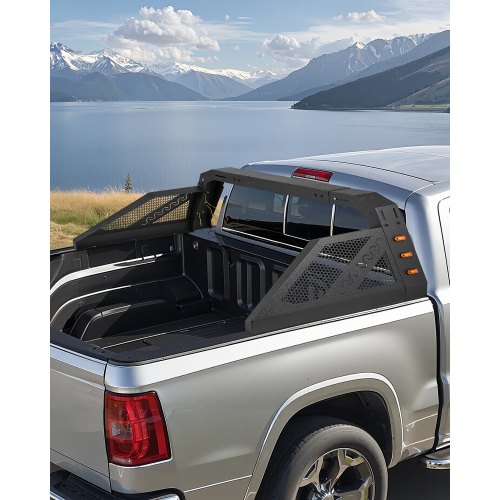 VEVOR Truck Bed Roll Bar, Universal Pickup Sport Adjustable Bar Chase Rack Compatible with Full-Size Truck, Carbon Steel Construction with 6 Amber Auxiliary Lights, No Rack Included