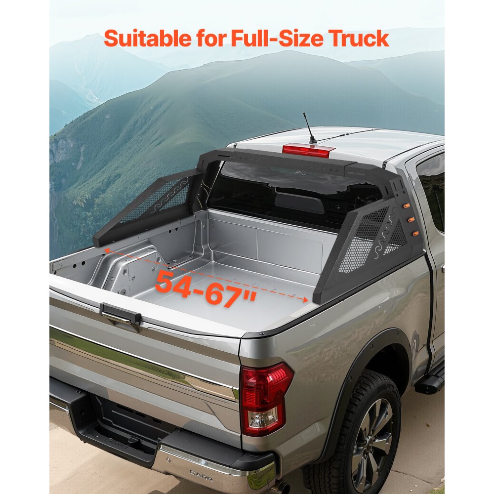 VEVOR Truck Bed Roll Bar, Universal Pickup Sport Adjustable Bar Chase Rack Compatible with Full-Size Truck, Carbon Steel Construction with 6 Amber Auxiliary Lights, No Rack Included