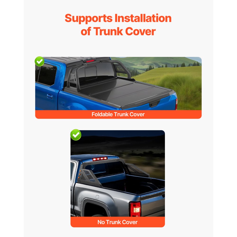 VEVOR Truck Bed Roll Bar, Universal Pickup Sport Adjustable Bar Chase Rack Compatible with Full-Size Truck, Carbon Steel Construction with 6 Amber Auxiliary Lights, No Rack Included