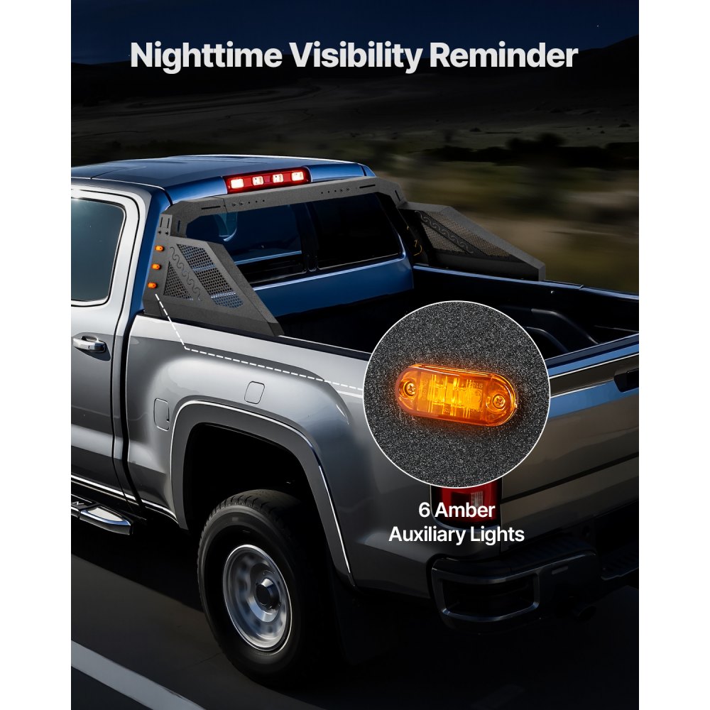 VEVOR Truck Bed Roll Bar, Universal Pickup Sport Adjustable Bar Chase Rack Compatible with Full-Size Truck, Carbon Steel Construction with 6 Amber Auxiliary Lights, No Rack Included