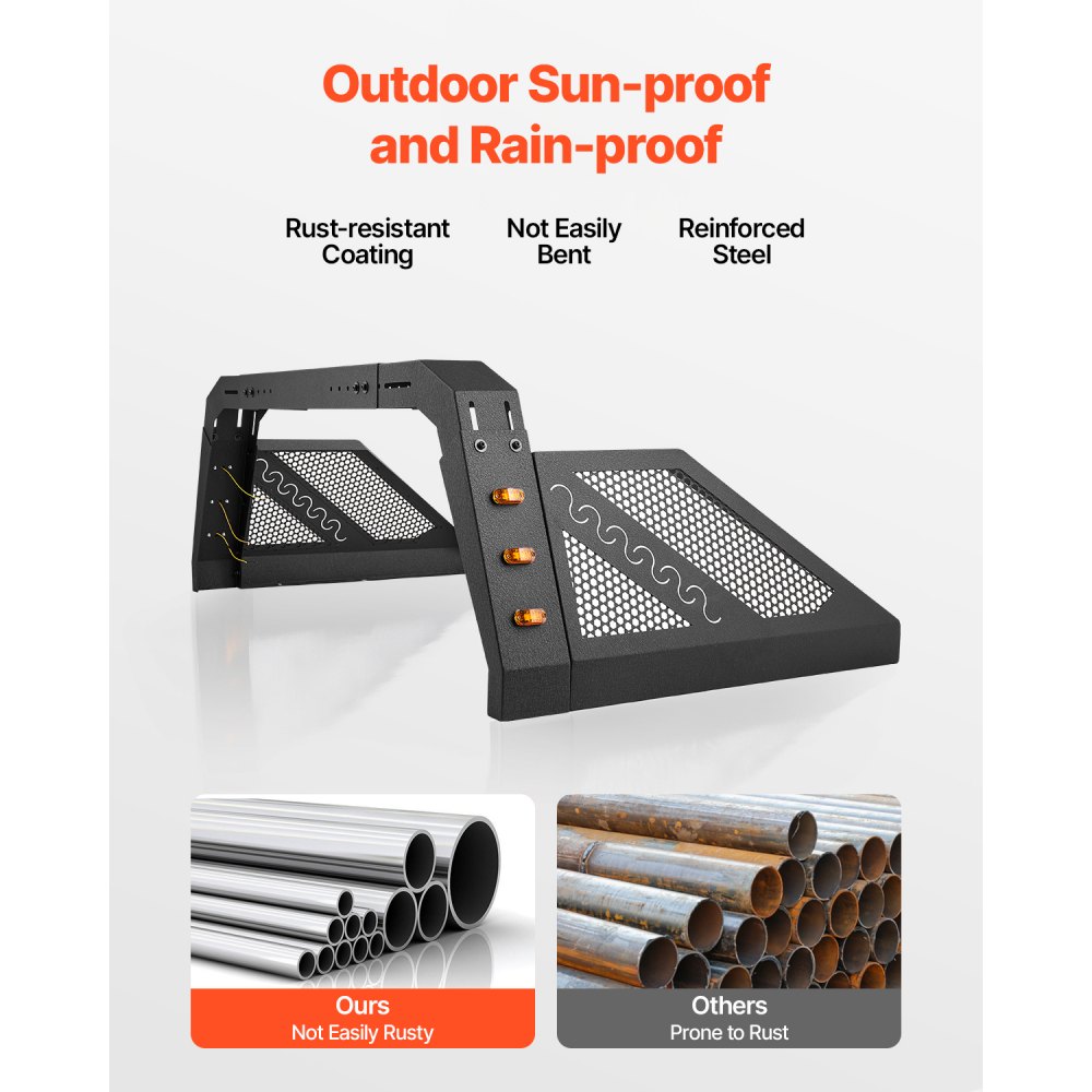 VEVOR Truck Bed Roll Bar, Universal Pickup Sport Adjustable Bar Chase Rack Compatible with Full-Size Truck, Carbon Steel Construction with 6 Amber Auxiliary Lights, No Rack Included