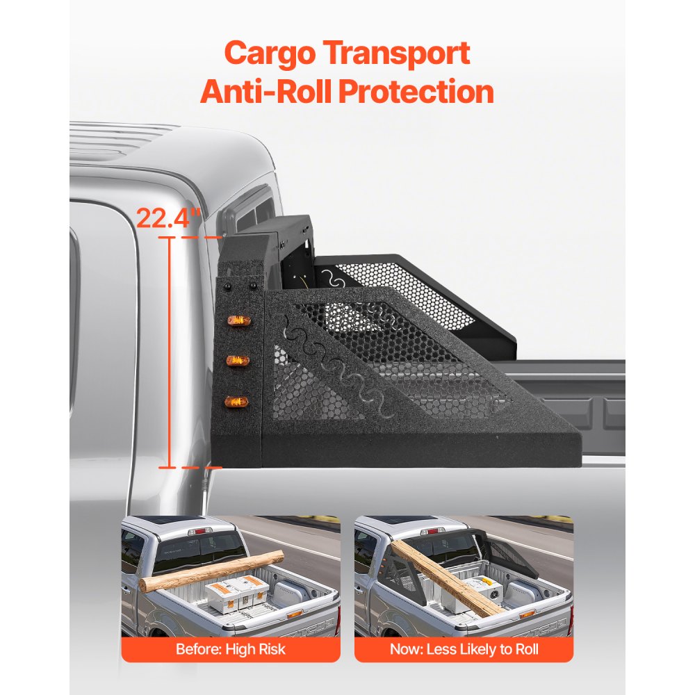 VEVOR Truck Bed Roll Bar, Universal Pickup Sport Adjustable Bar Chase Rack Compatible with Full-Size Truck, Carbon Steel Construction with 6 Amber Auxiliary Lights, No Rack Included