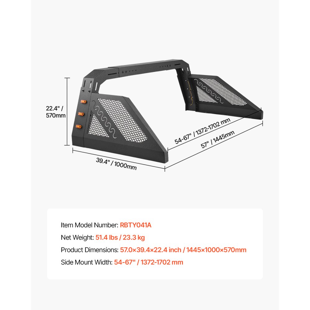 VEVOR Truck Bed Roll Bar, Universal Pickup Sport Adjustable Bar Chase Rack Compatible with Full-Size Truck, Carbon Steel Construction with 6 Amber Auxiliary Lights, No Rack Included