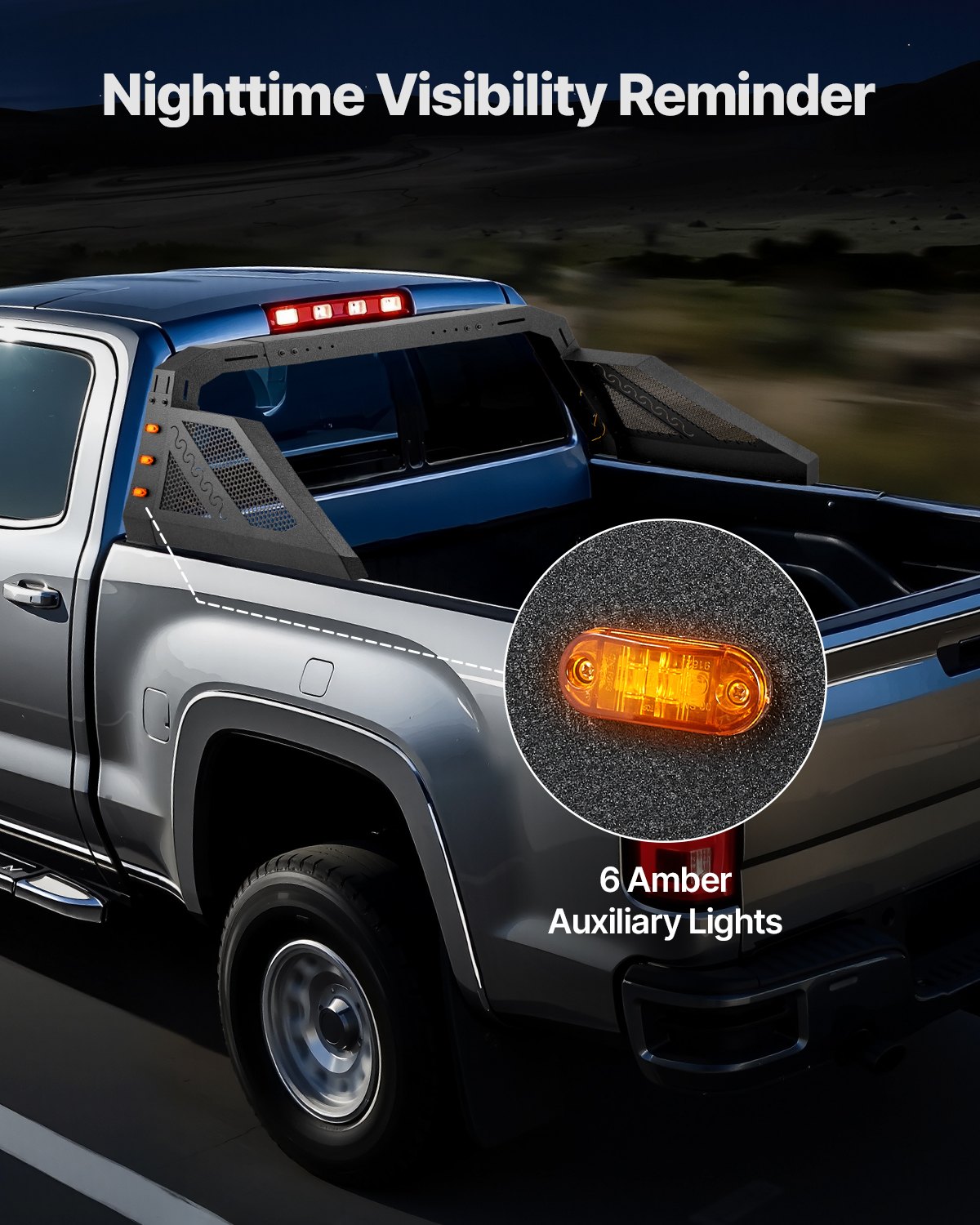 VEVOR Truck Bed Roll Bar, Universal Pickup Sport Adjustable Bar Chase Rack Compatible with Full-Size Truck, Carbon Steel Construction with 6 Amber Auxiliary Lights, No Rack Included