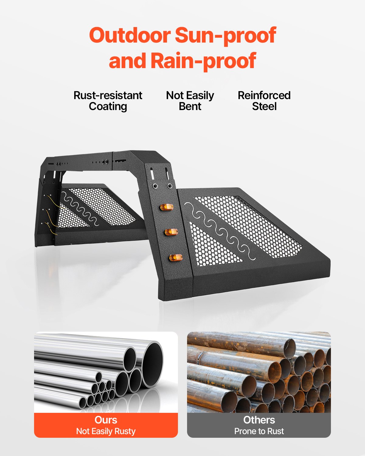 VEVOR Truck Bed Roll Bar, Universal Pickup Sport Adjustable Bar Chase Rack Compatible with Full-Size Truck, Carbon Steel Construction with 6 Amber Auxiliary Lights, No Rack Included