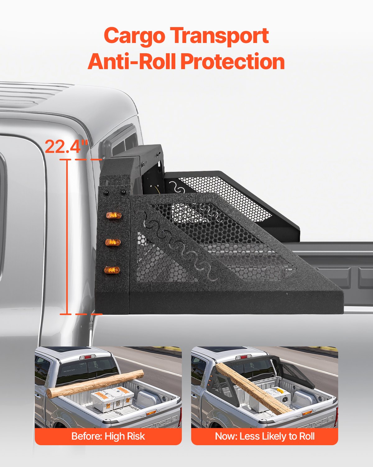 VEVOR Truck Bed Roll Bar, Universal Pickup Sport Adjustable Bar Chase Rack Compatible with Full-Size Truck, Carbon Steel Construction with 6 Amber Auxiliary Lights, No Rack Included