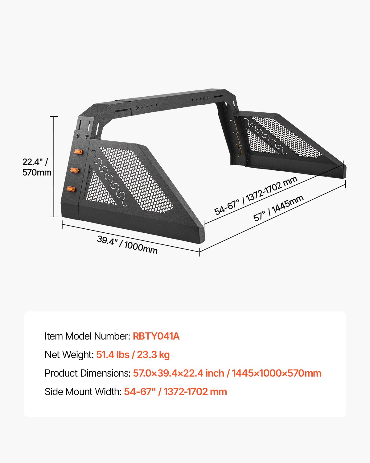 VEVOR Truck Bed Roll Bar, Universal Pickup Sport Adjustable Bar Chase Rack Compatible with Full-Size Truck, Carbon Steel Construction with 6 Amber Auxiliary Lights, No Rack Included