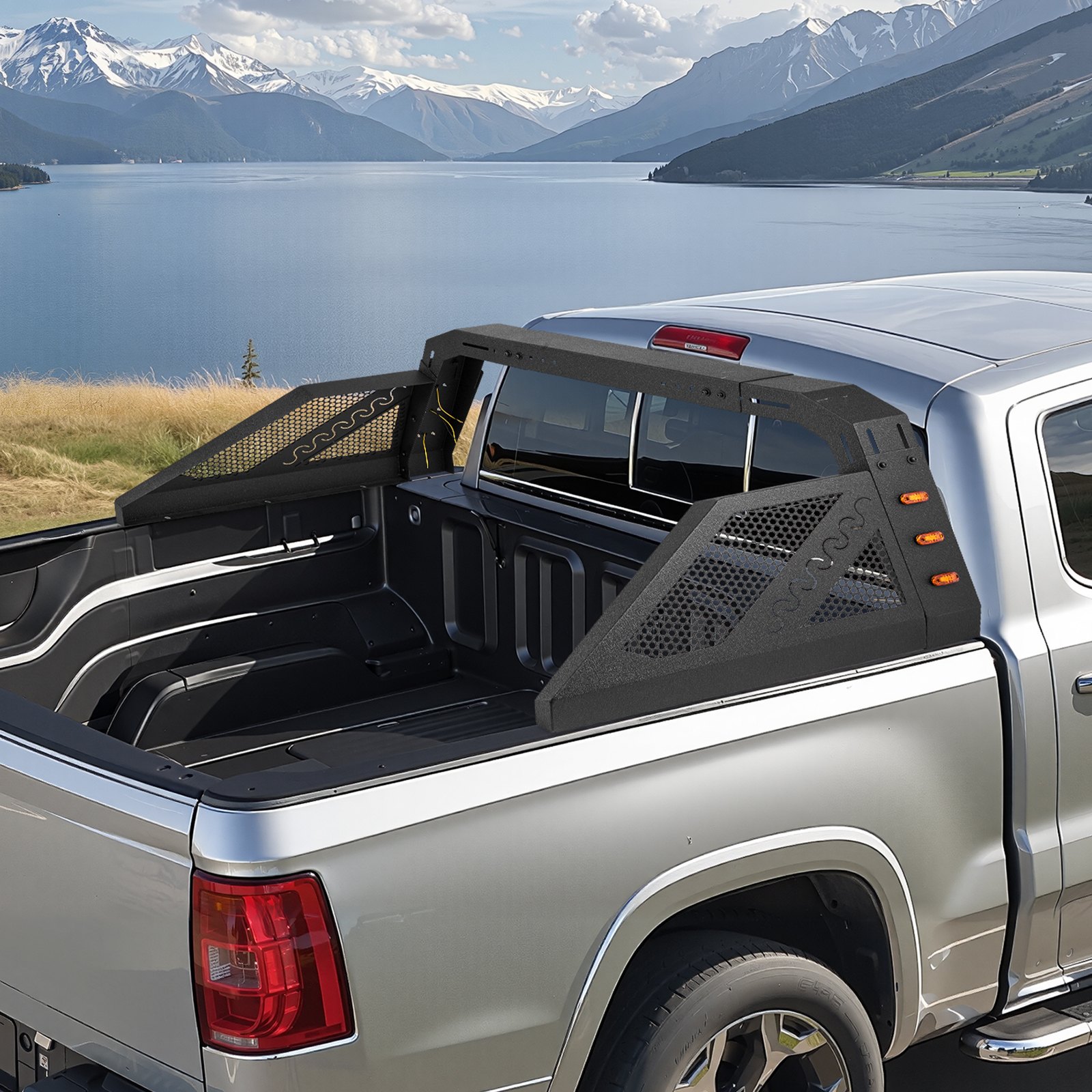 VEVOR Truck Bed Roll Bar, Universal Pickup Sport Adjustable Bar Chase Rack Compatible with Full-Size Truck, Carbon Steel Construction with 6 Amber Auxiliary Lights, No Rack Included