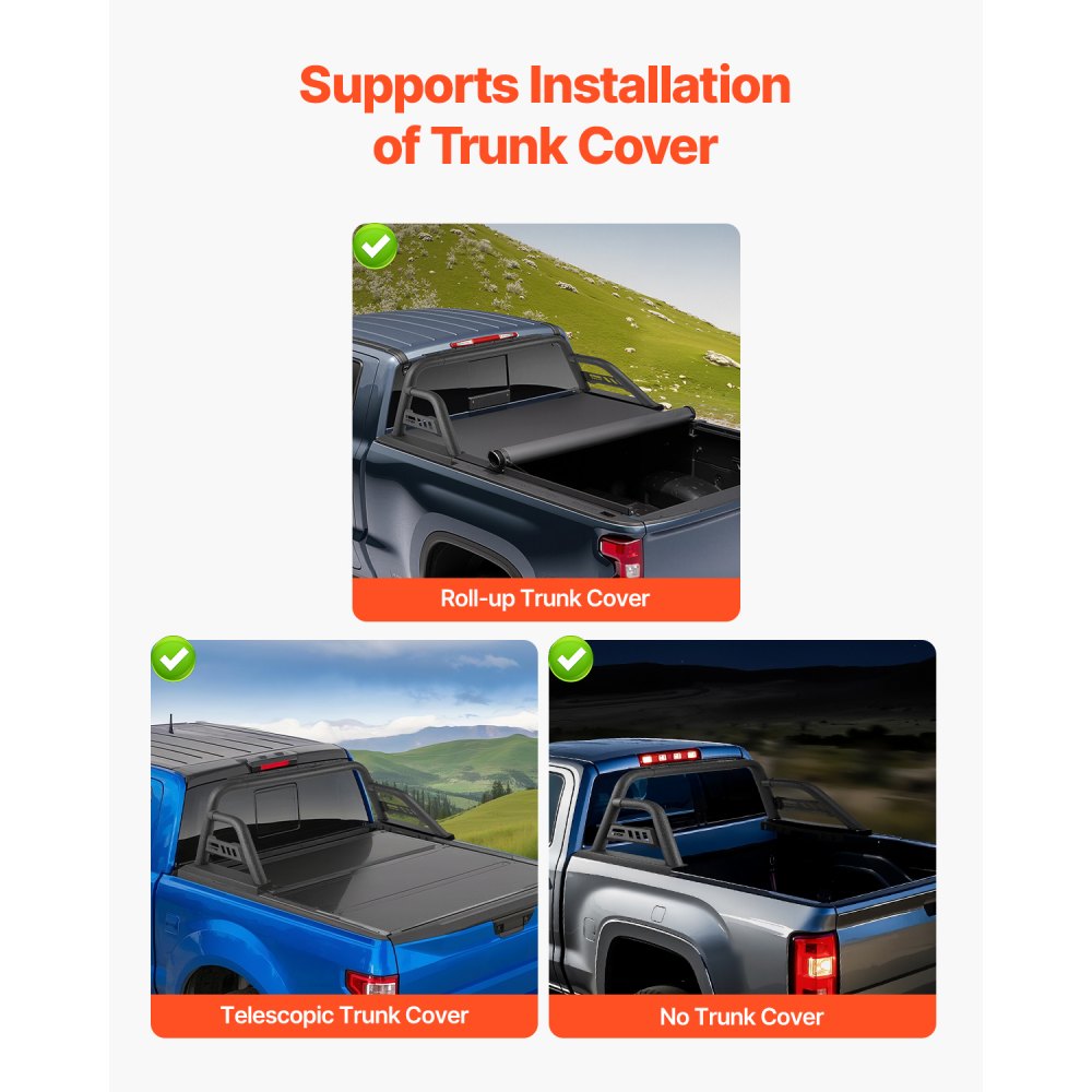 VEVOR Truck Bed Roll Bar, Universal Pickup Sport Adjustable Bar Chase Rack Compatible with Mid-Size Truck, Carbon Steel Construction with Extension Light Bracket, No Rack Included