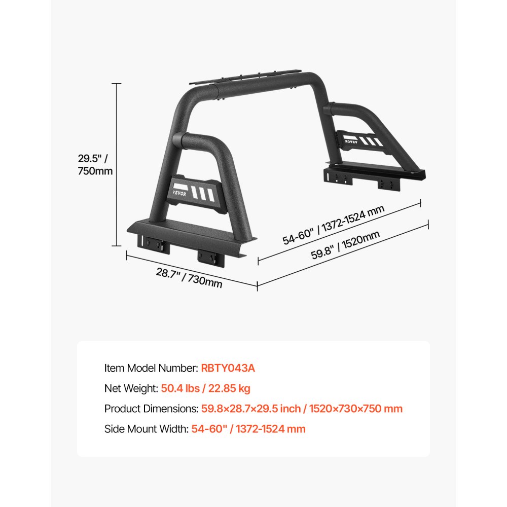 VEVOR Truck Bed Roll Bar, Universal Pickup Sport Adjustable Bar Chase Rack Compatible with Mid-Size Truck, Carbon Steel Construction with Extension Light Bracket, No Rack Included