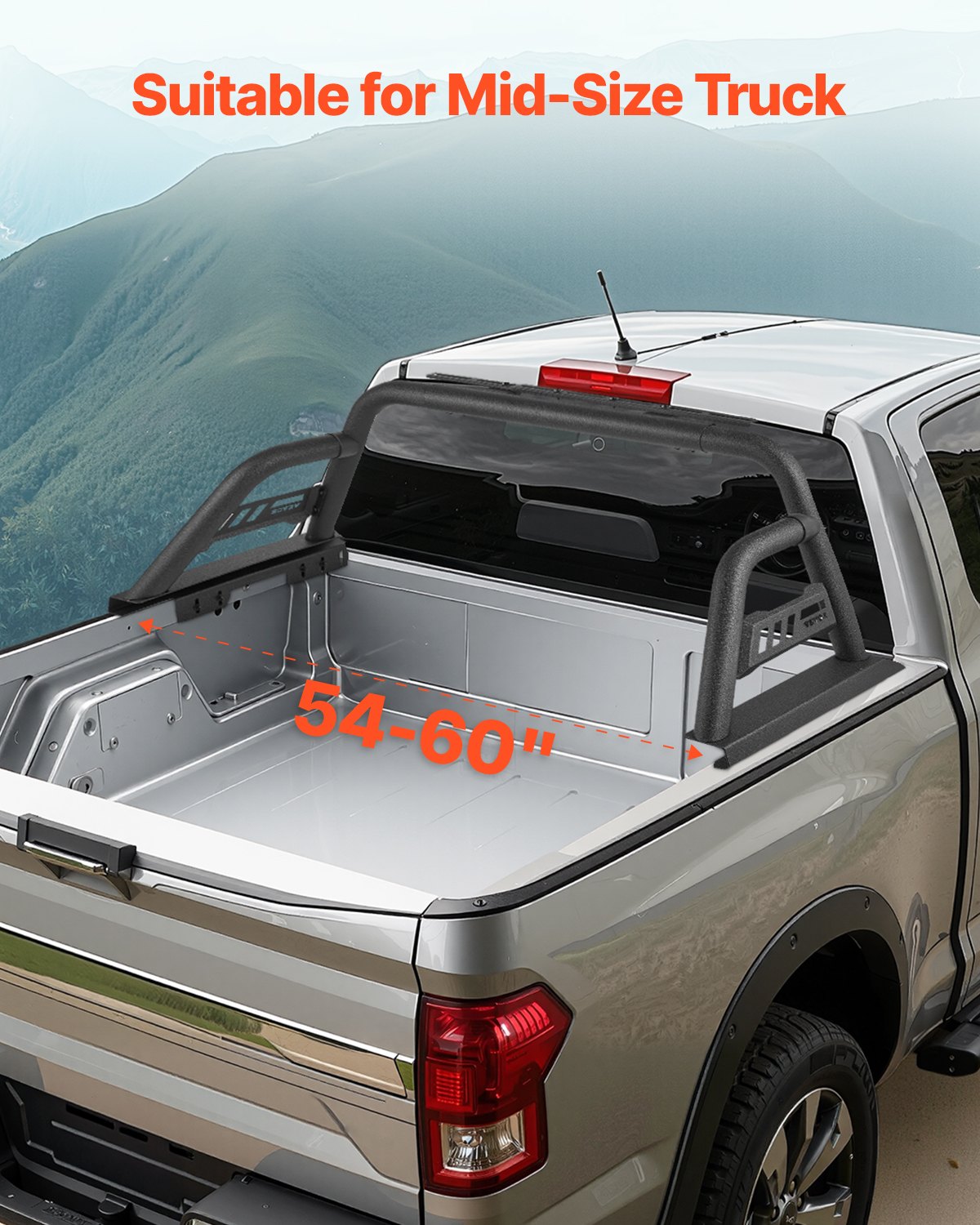 VEVOR Truck Bed Roll Bar, Universal Pickup Sport Adjustable Bar Chase Rack Compatible with Mid-Size Truck, Carbon Steel Construction with Extension Light Bracket, No Rack Included
