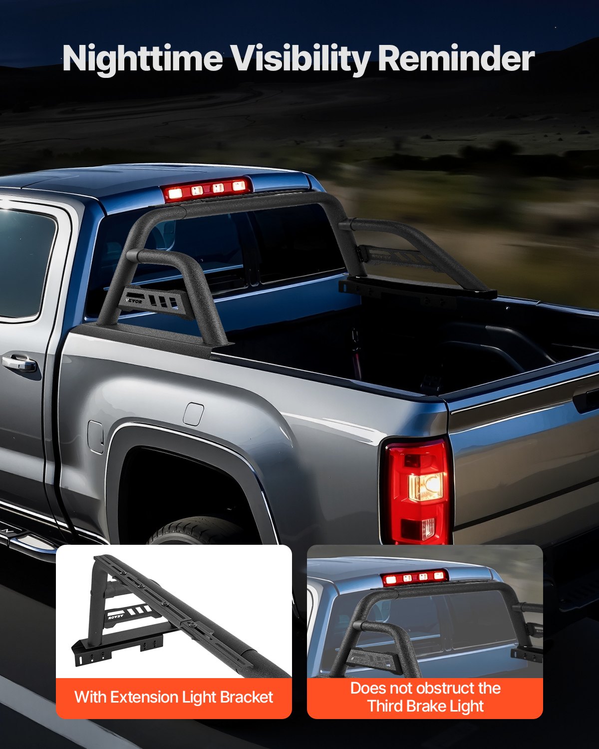 VEVOR Truck Bed Roll Bar, Universal Pickup Sport Adjustable Bar Chase Rack Compatible with Mid-Size Truck, Carbon Steel Construction with Extension Light Bracket, No Rack Included