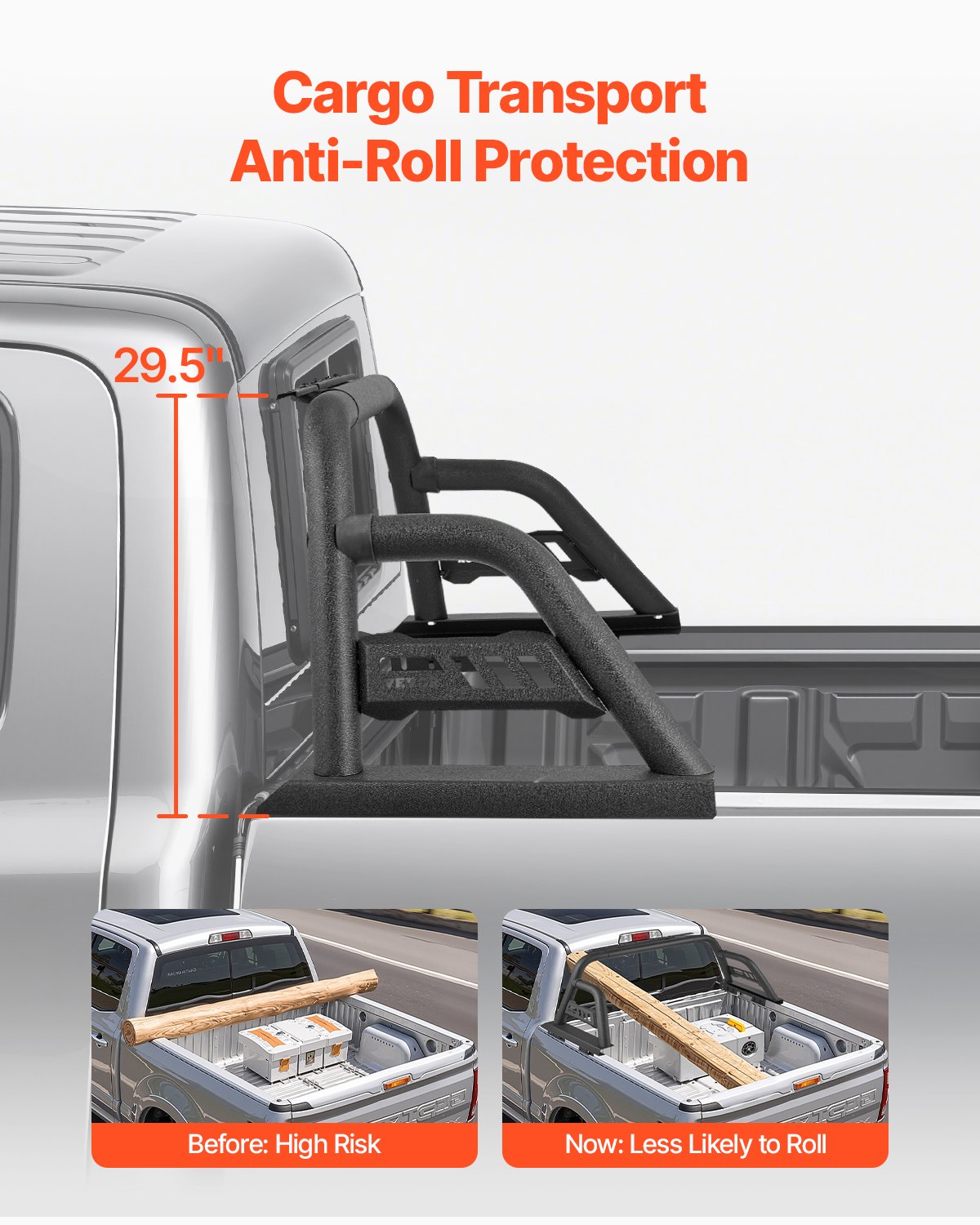 VEVOR Truck Bed Roll Bar, Universal Pickup Sport Adjustable Bar Chase Rack Compatible with Mid-Size Truck, Carbon Steel Construction with Extension Light Bracket, No Rack Included