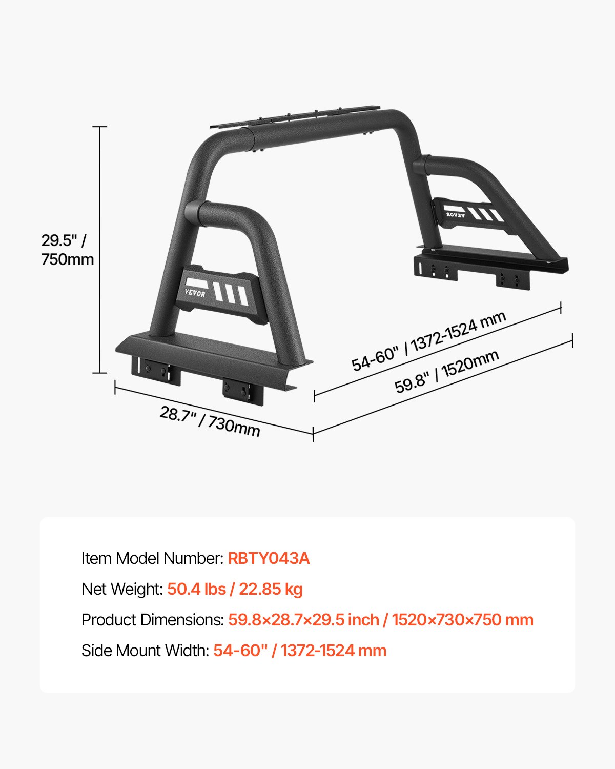 VEVOR Truck Bed Roll Bar, Universal Pickup Sport Adjustable Bar Chase Rack Compatible with Mid-Size Truck, Carbon Steel Construction with Extension Light Bracket, No Rack Included