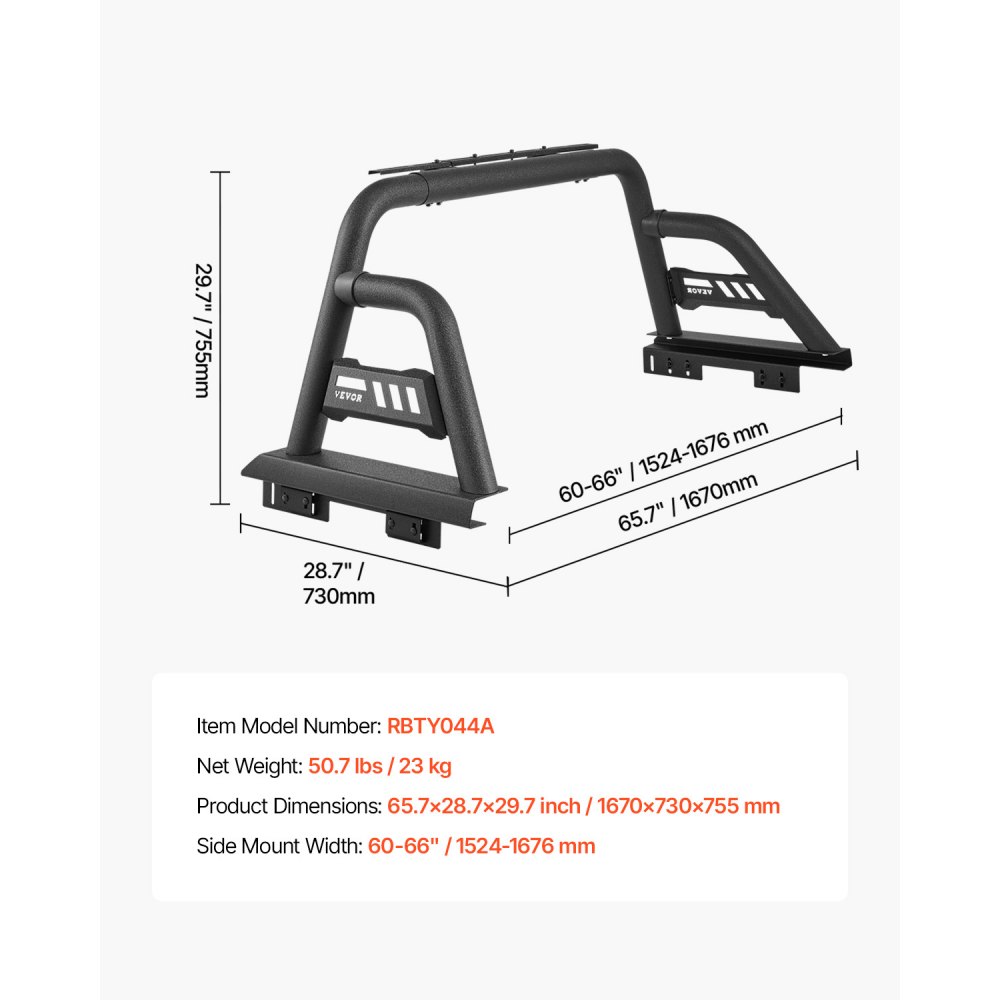 VEVOR Truck Bed Roll Bar, Universal Pickup Sport Adjustable Bar Chase Rack Compatible with Full-Size Truck, Carbon Steel Construction with Extension Light Bracket, No Rack Included