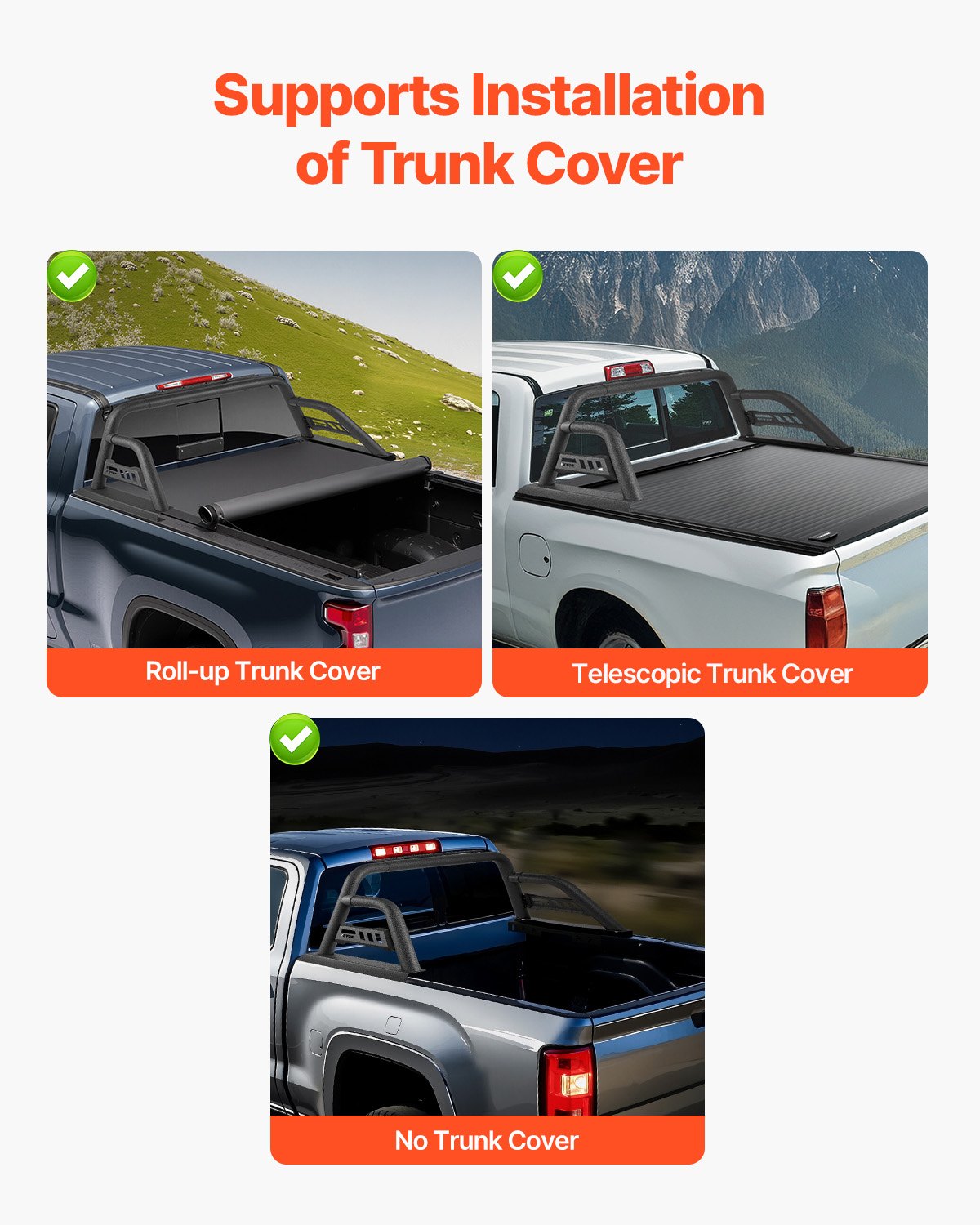 VEVOR Truck Bed Roll Bar, Universal Pickup Sport Adjustable Bar Chase Rack Compatible with Full-Size Truck, Carbon Steel Construction with Extension Light Bracket, No Rack Included