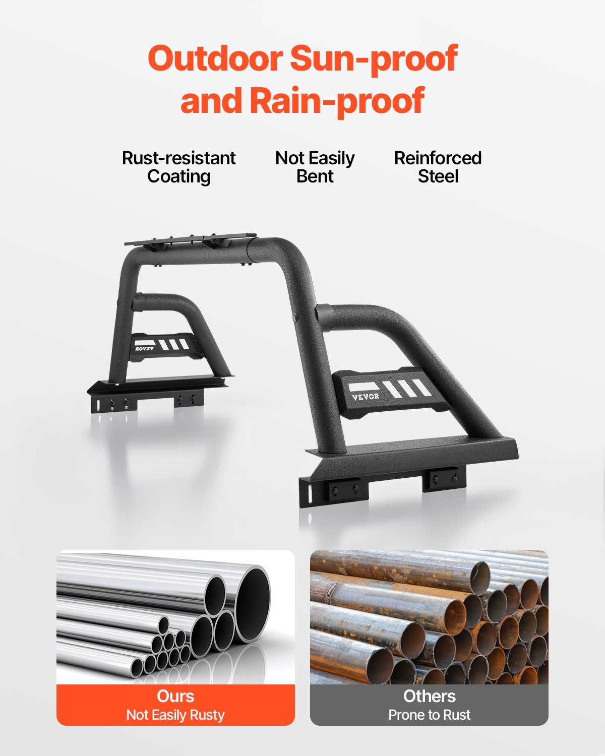 VEVOR Truck Bed Roll Bar, Universal Pickup Sport Adjustable Bar Chase Rack Compatible with Full-Size Truck, Carbon Steel Construction with Extension Light Bracket, No Rack Included