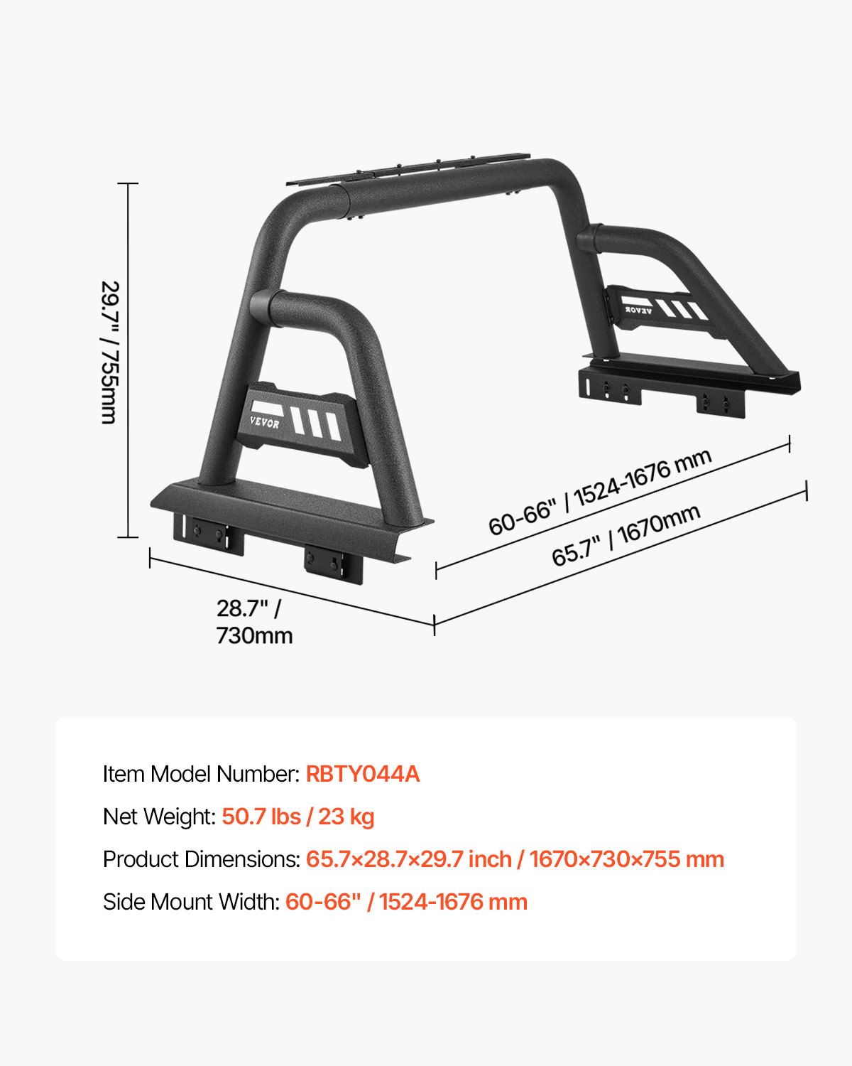 VEVOR Truck Bed Roll Bar, Universal Pickup Sport Adjustable Bar Chase Rack Compatible with Full-Size Truck, Carbon Steel Construction with Extension Light Bracket, No Rack Included