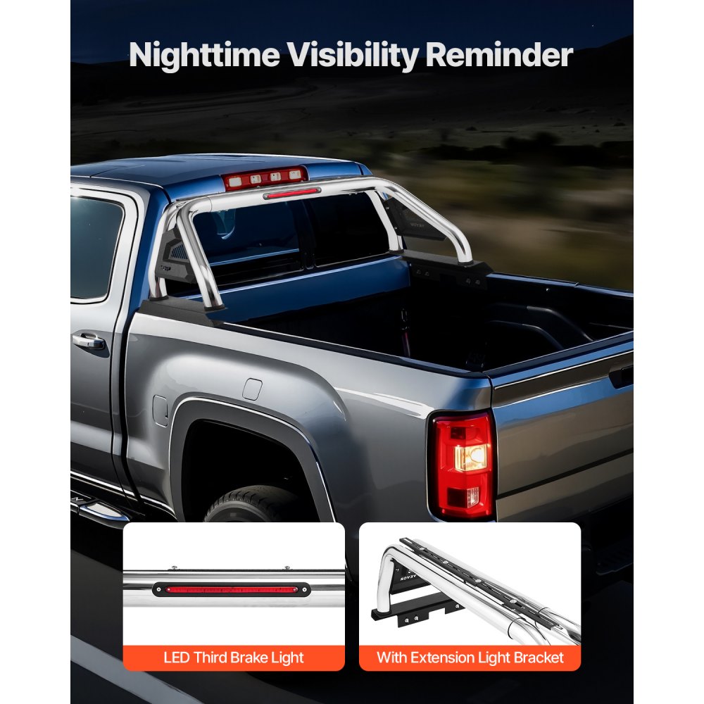 VEVOR Truck Bed Roll Bar, Universal Adjustable Sport Bar Chase Rack Compatible with Full-Size & Mid-Size Pickup, With LED Brake Light, Stainless Steel + Carbon Steel No Rack Included